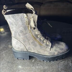 Guess Women's Glittering Fearne lug sole Combat Boots with glitter gold finish
